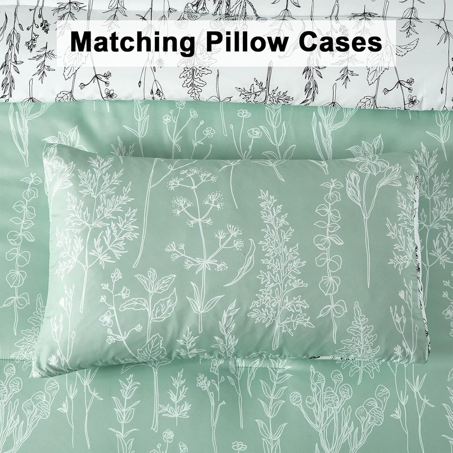 Floral Comforter Set, King Size, Green White Floral Pattern Reversible Bedding V745-MAB010385AJ3