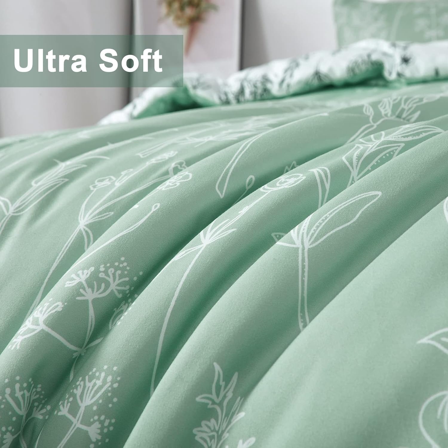 Floral Comforter Set, King Size, Green White Floral Pattern Reversible Bedding V745-MAB010385AJ3