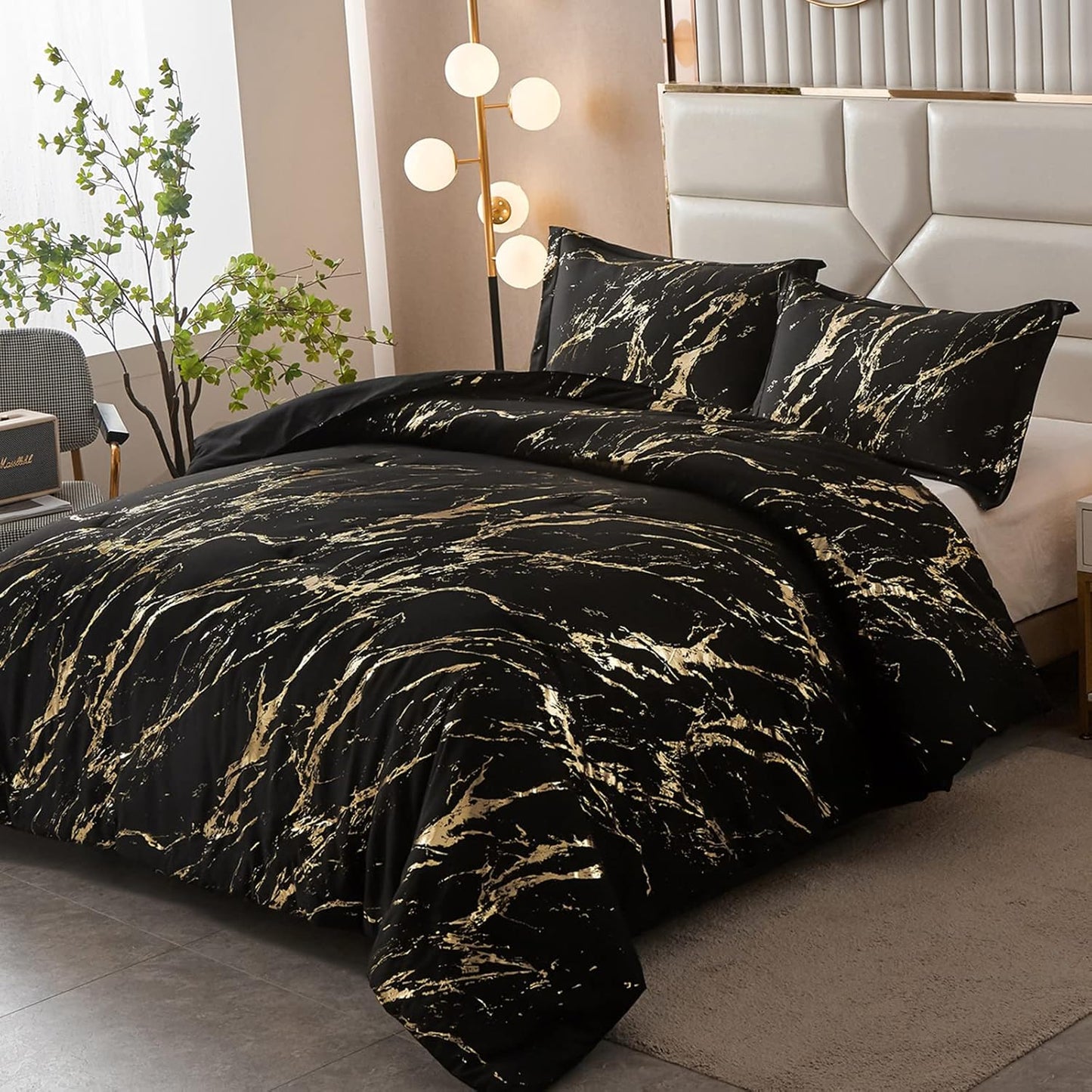 Black Gold Metallic Marble Comforter Set, Queen Size, Foil Print Glitter 3-Piece Bedding V745-MAB010509AG3