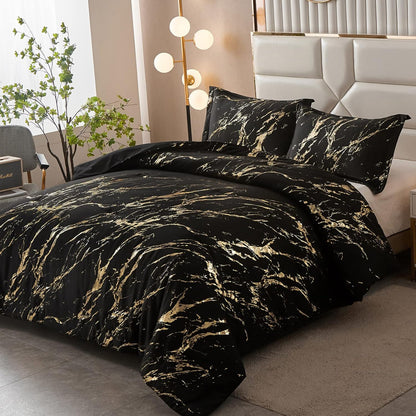 Black Gold Metallic Marble Comforter Set, Queen Size, Foil Print Glitter 3-Piece Bedding V745-MAB010509AG3