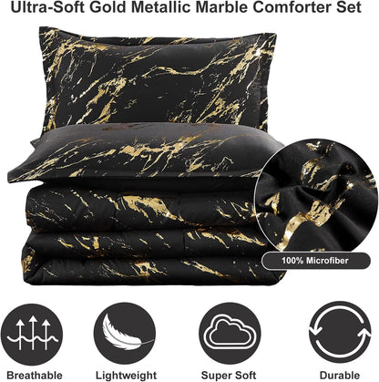 Black Gold Metallic Marble Comforter Set, Queen Size, Foil Print Glitter 3-Piece Bedding V745-MAB010509AG3