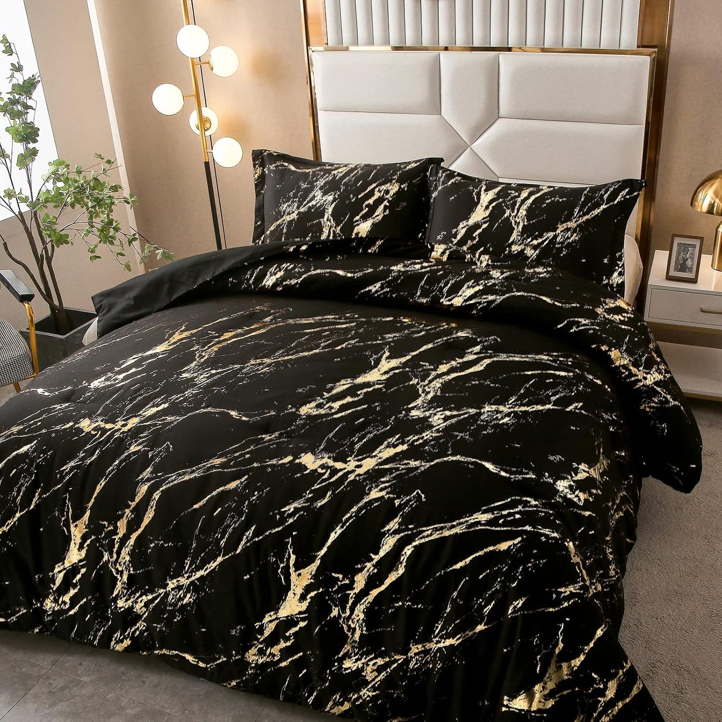 Black Gold Metallic Marble Comforter Set, Queen Size, Foil Print Glitter 3-Piece Bedding V745-MAB010509AG3