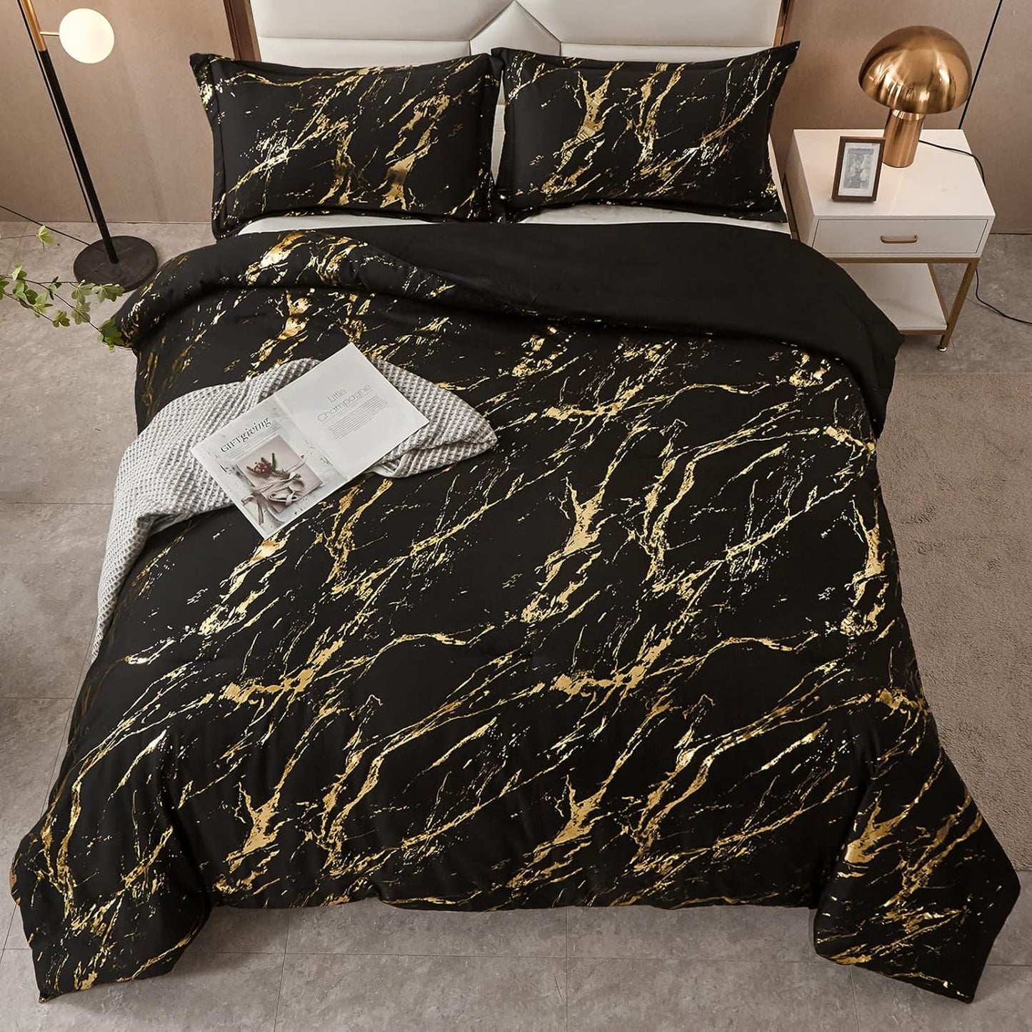 Black Gold Metallic Marble Comforter Set, Queen Size, Foil Print Glitter 3-Piece Bedding V745-MAB010509AG3