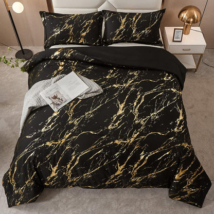 Black Gold Metallic Marble Comforter Set, Queen Size, Foil Print Glitter 3-Piece Bedding V745-MAB010509AG3