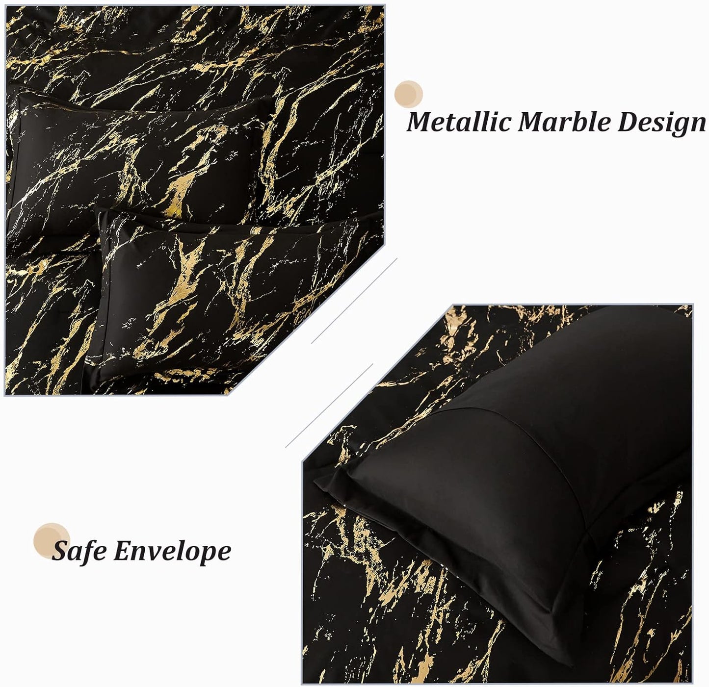 Black Gold Metallic Marble Comforter Set, Queen Size, Foil Print Glitter 3-Piece Bedding V745-MAB010509AG3