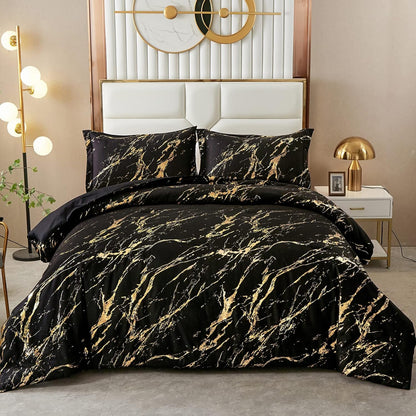 Black Gold Metallic Marble Comforter Set, King Size, Foil Print Glitter 3-Piece Bedding V745-MAB010509AJ3
