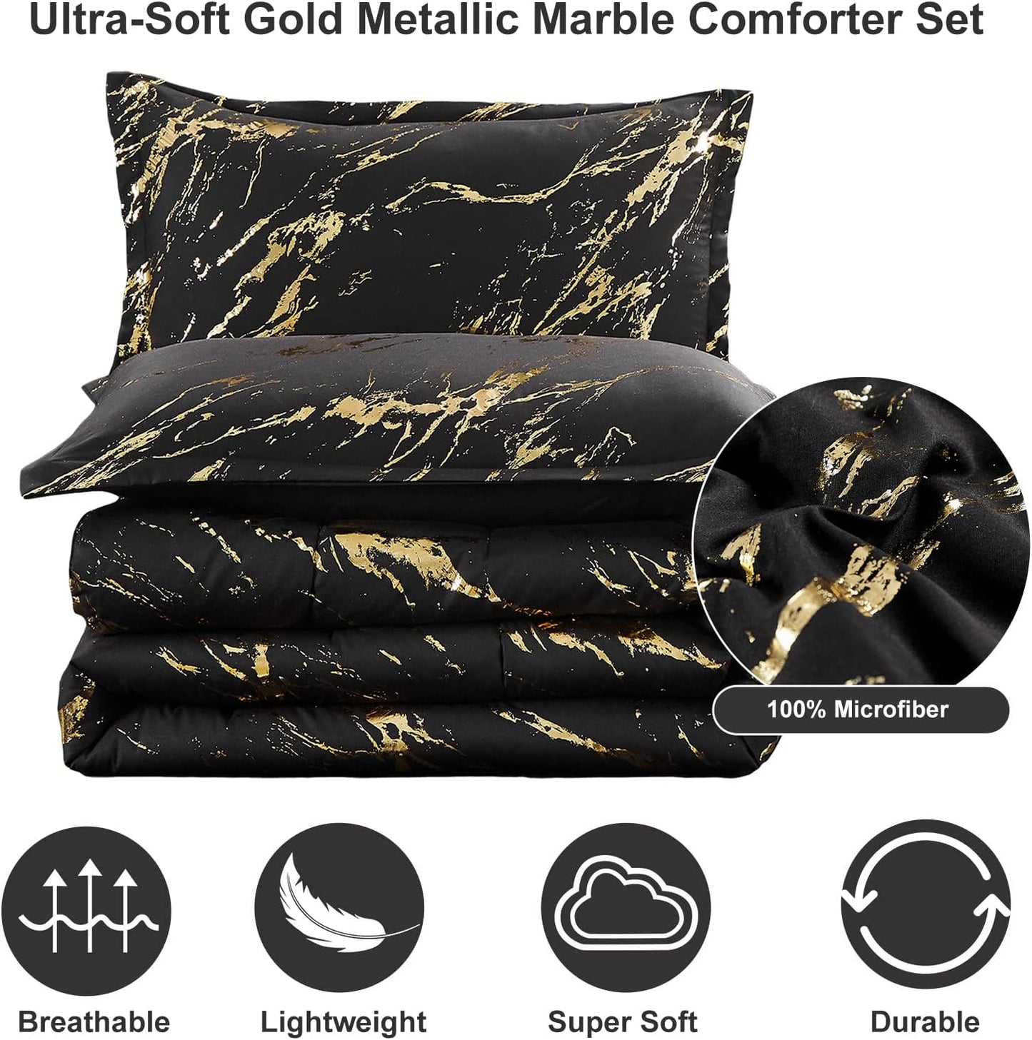 Black Gold Metallic Marble Comforter Set, King Size, Foil Print Glitter 3-Piece Bedding V745-MAB010509AJ3