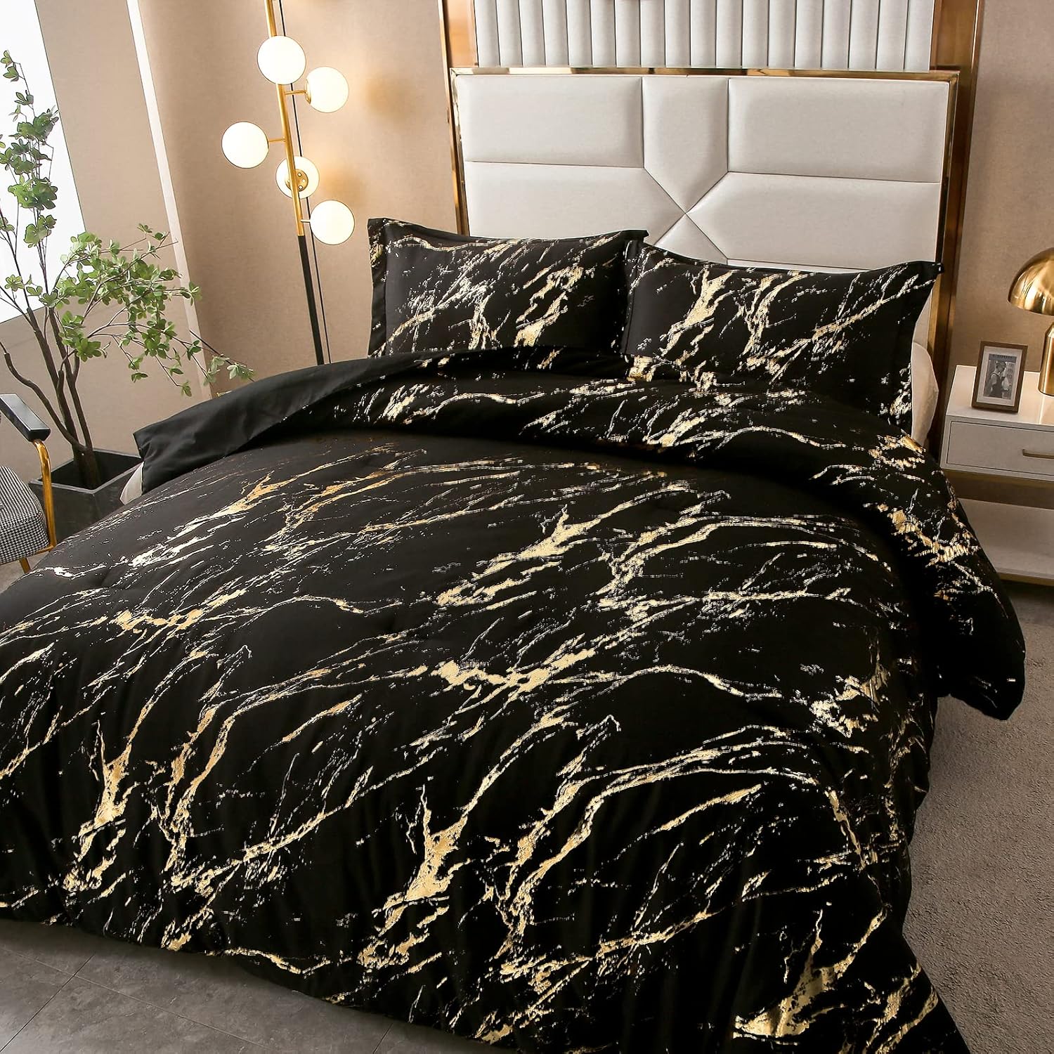 Black Gold Metallic Marble Comforter Set, King Size, Foil Print Glitter 3-Piece Bedding V745-MAB010509AJ3