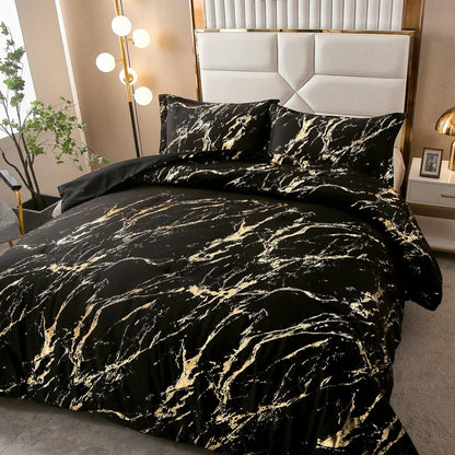 Black Gold Metallic Marble Comforter Set, King Size, Foil Print Glitter 3-Piece Bedding V745-MAB010509AJ3