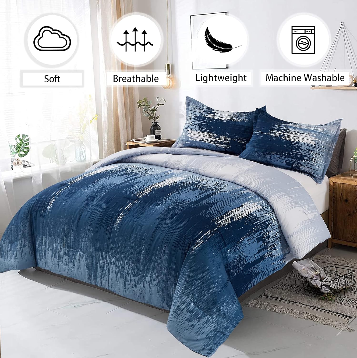 Ombre Blue Comforter Set, King Size, Gradient Blue Grey 3-Piece Boho Bedding V745-MAB010549AJ3