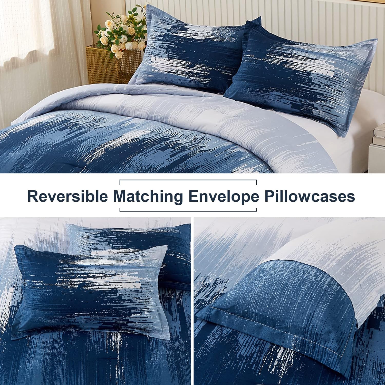 Ombre Blue Comforter Set, King Size, Gradient Blue Grey 3-Piece Boho Bedding V745-MAB010549AJ3