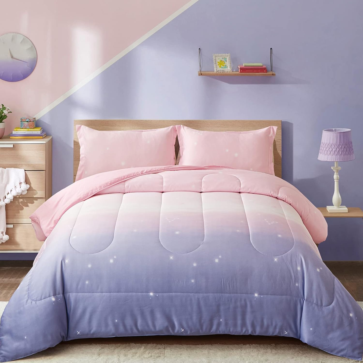 Girls Comforter Set, King Size, Ombre Pink Purple Rainbow 3-Piece Bedding Collection V745-MAB010656AJ3