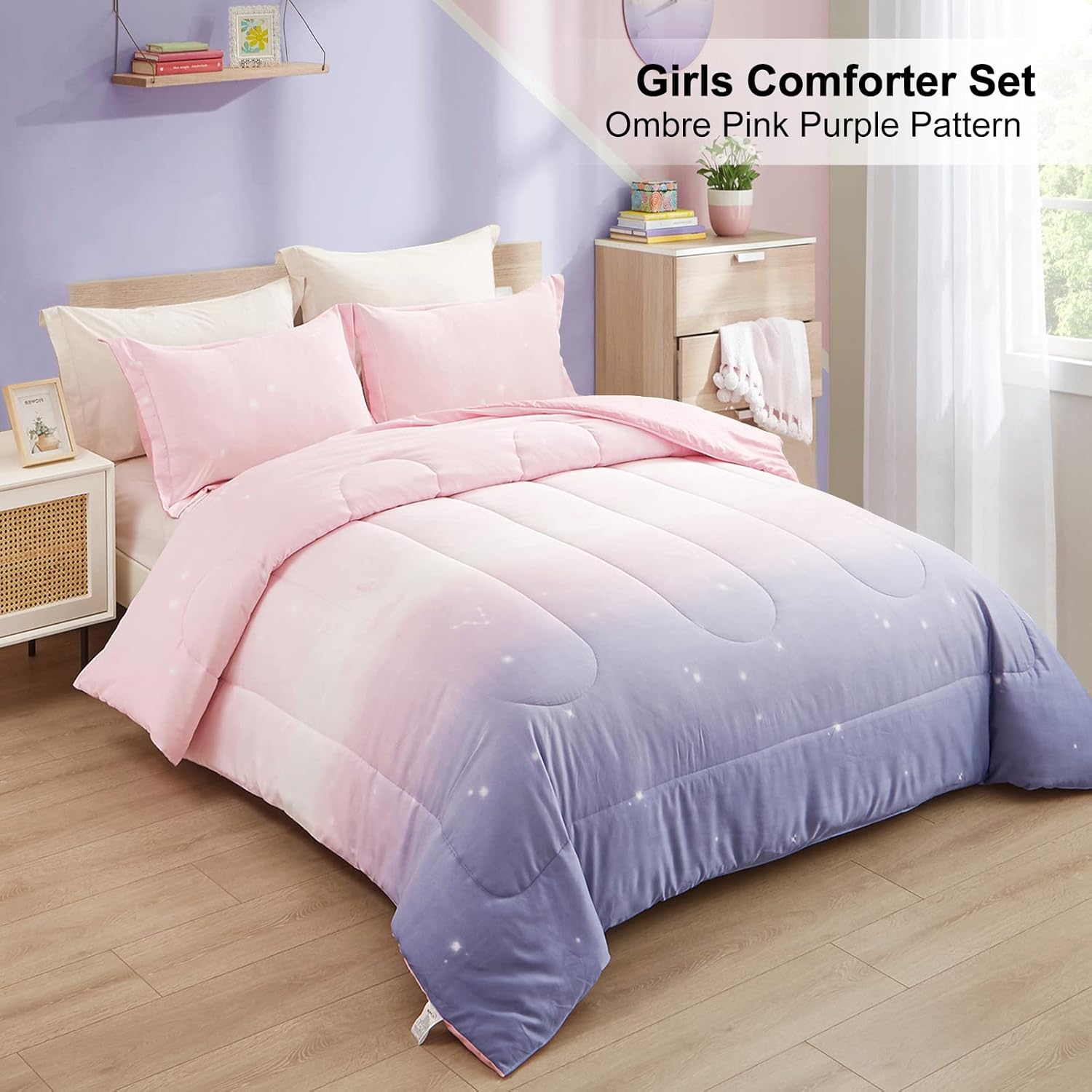 Girls Comforter Set, King Size, Ombre Pink Purple Rainbow 3-Piece Bedding Collection V745-MAB010656AJ3