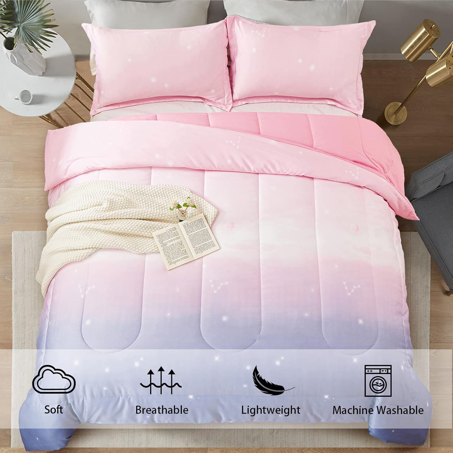 Girls Comforter Set, King Size, Ombre Pink Purple Rainbow 3-Piece Bedding Collection V745-MAB010656AJ3