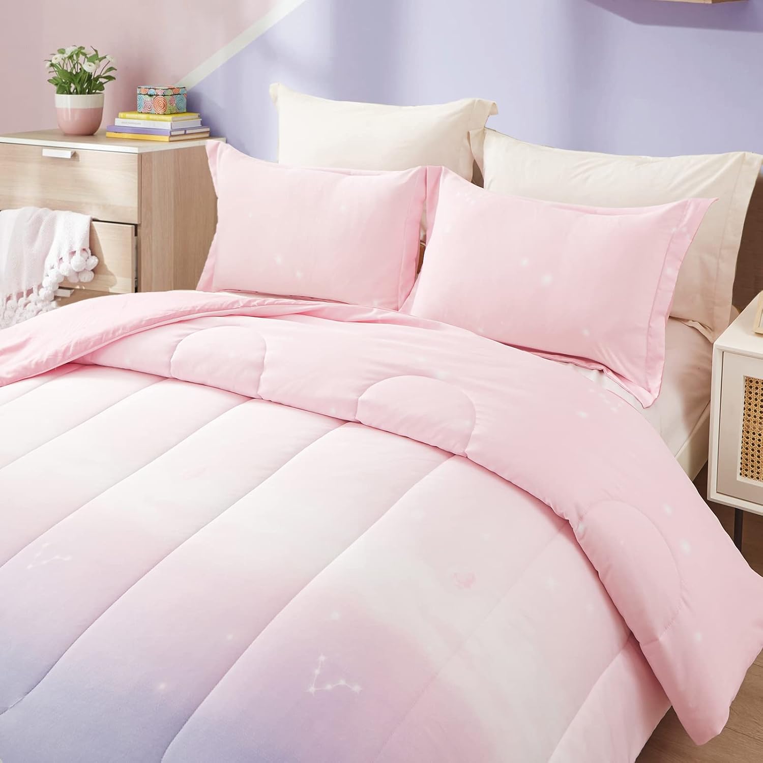 Girls Comforter Set, King Size, Ombre Pink Purple Rainbow 3-Piece Bedding Collection V745-MAB010656AJ3