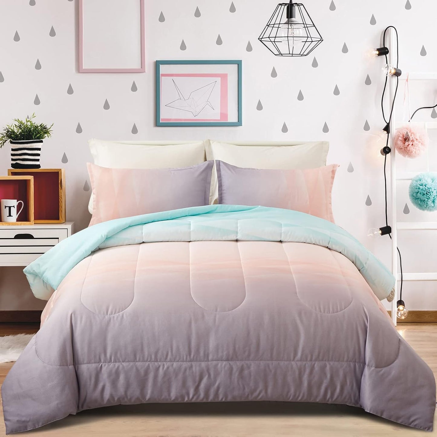Girls Comforter Set, King Size, Ombre Blue Pink Rainbow 3-Piece Bedding Collection V745-MAB010665AJ3