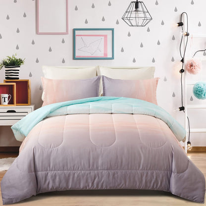 Girls Comforter Set, King Size, Ombre Blue Pink Rainbow 3-Piece Bedding Collection V745-MAB010665AJ3