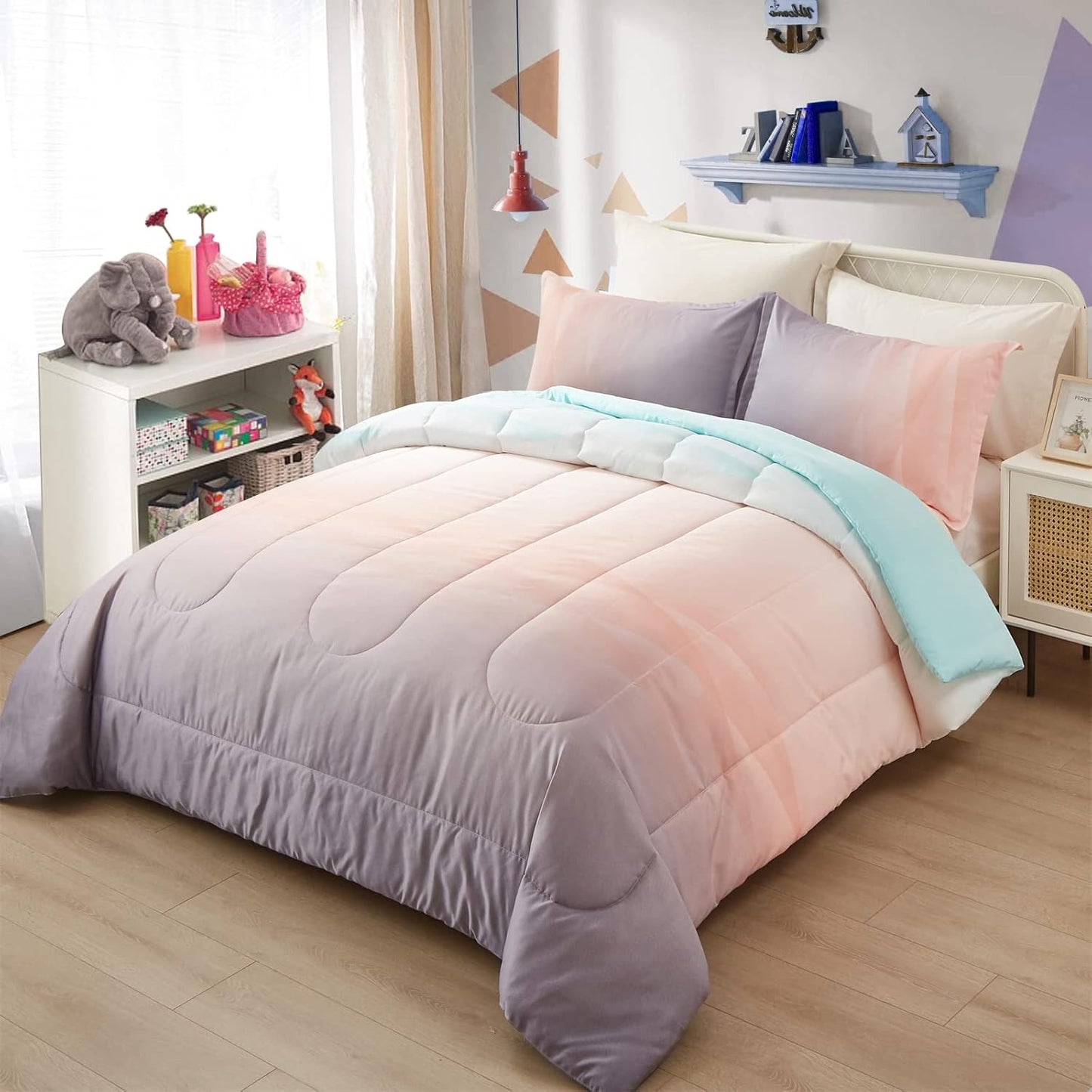 Girls Comforter Set, King Size, Ombre Blue Pink Rainbow 3-Piece Bedding Collection V745-MAB010665AJ3