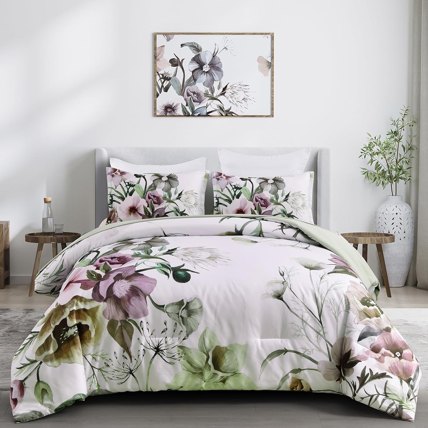 Floral Comforter Set, King Size, Green Floral 3-Piece Bedding, Soft Microfiber for All Seasons V745-MAB010805AJ3
