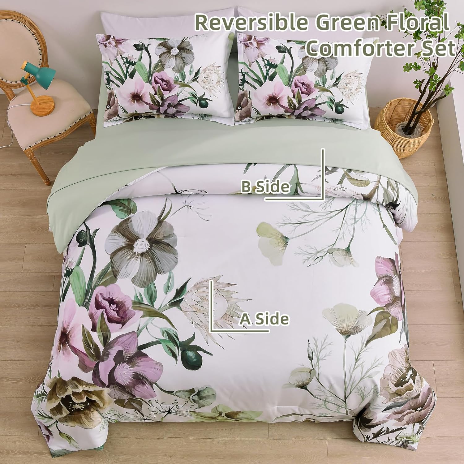 Floral Comforter Set, King Size, Green Floral 3-Piece Bedding, Soft Microfiber for All Seasons V745-MAB010805AJ3