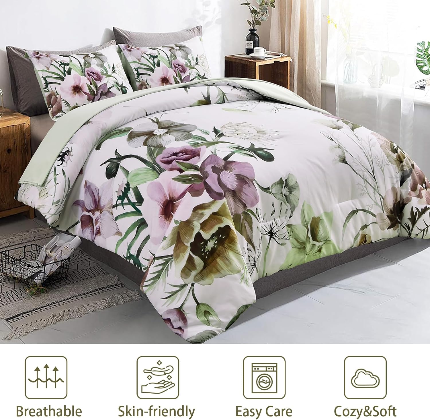 Floral Comforter Set, King Size, Green Floral 3-Piece Bedding, Soft Microfiber for All Seasons V745-MAB010805AJ3
