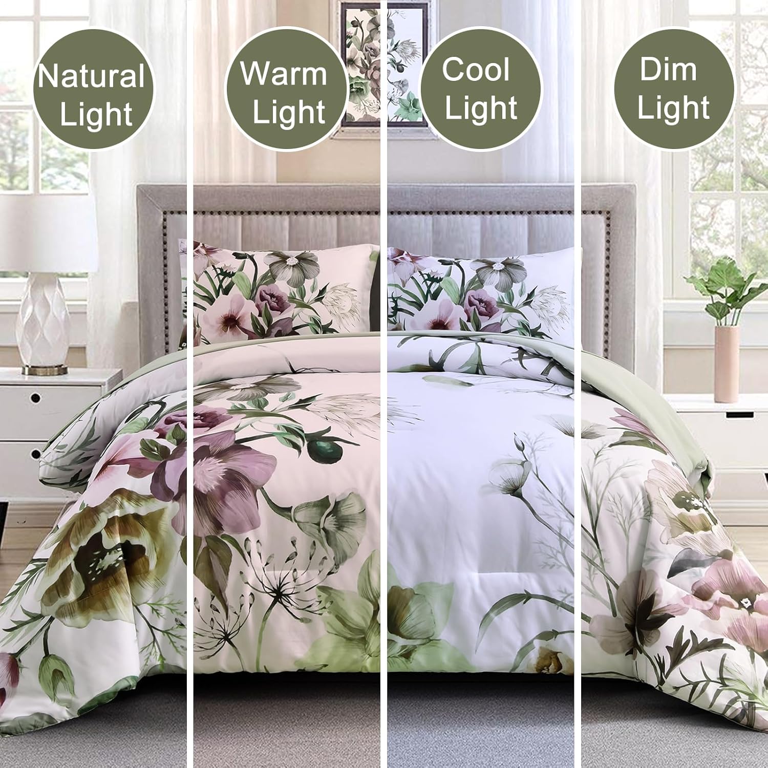Floral Comforter Set, King Size, Green Floral 3-Piece Bedding, Soft Microfiber for All Seasons V745-MAB010805AJ3