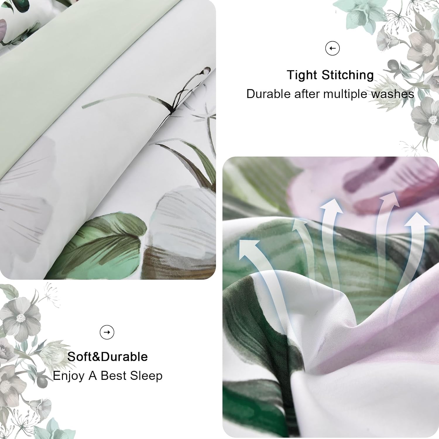 Floral Comforter Set, King Size, Green Floral 3-Piece Bedding, Soft Microfiber for All Seasons V745-MAB010805AJ3