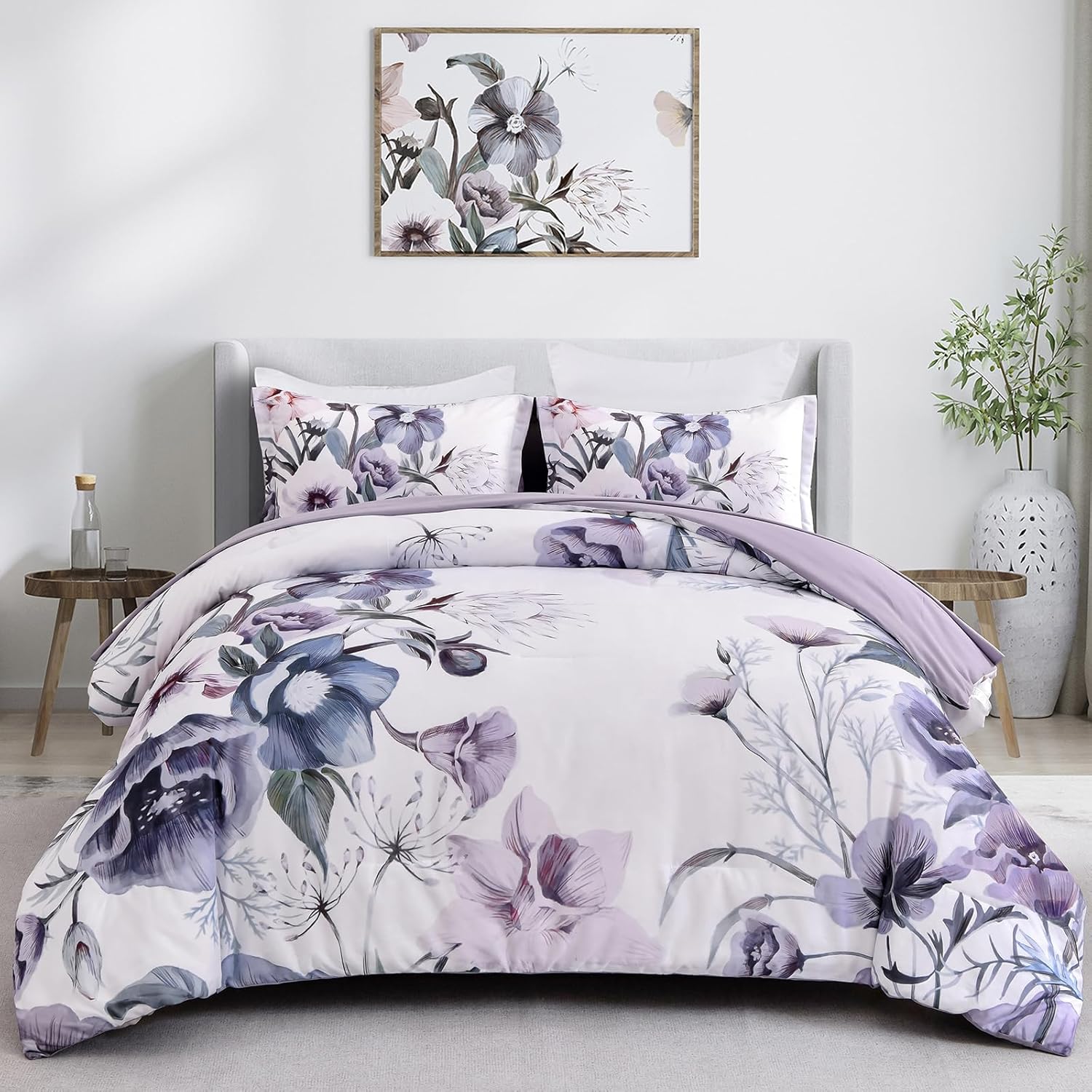 Floral Comforter Set, King Size, Purple Floral 3-Piece Bedding, Soft Microfiber for All Seasons V745-MAB010806AJ3
