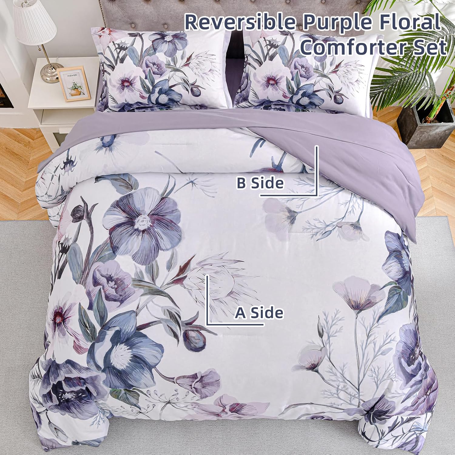 Floral Comforter Set, King Size, Purple Floral 3-Piece Bedding, Soft Microfiber for All Seasons V745-MAB010806AJ3