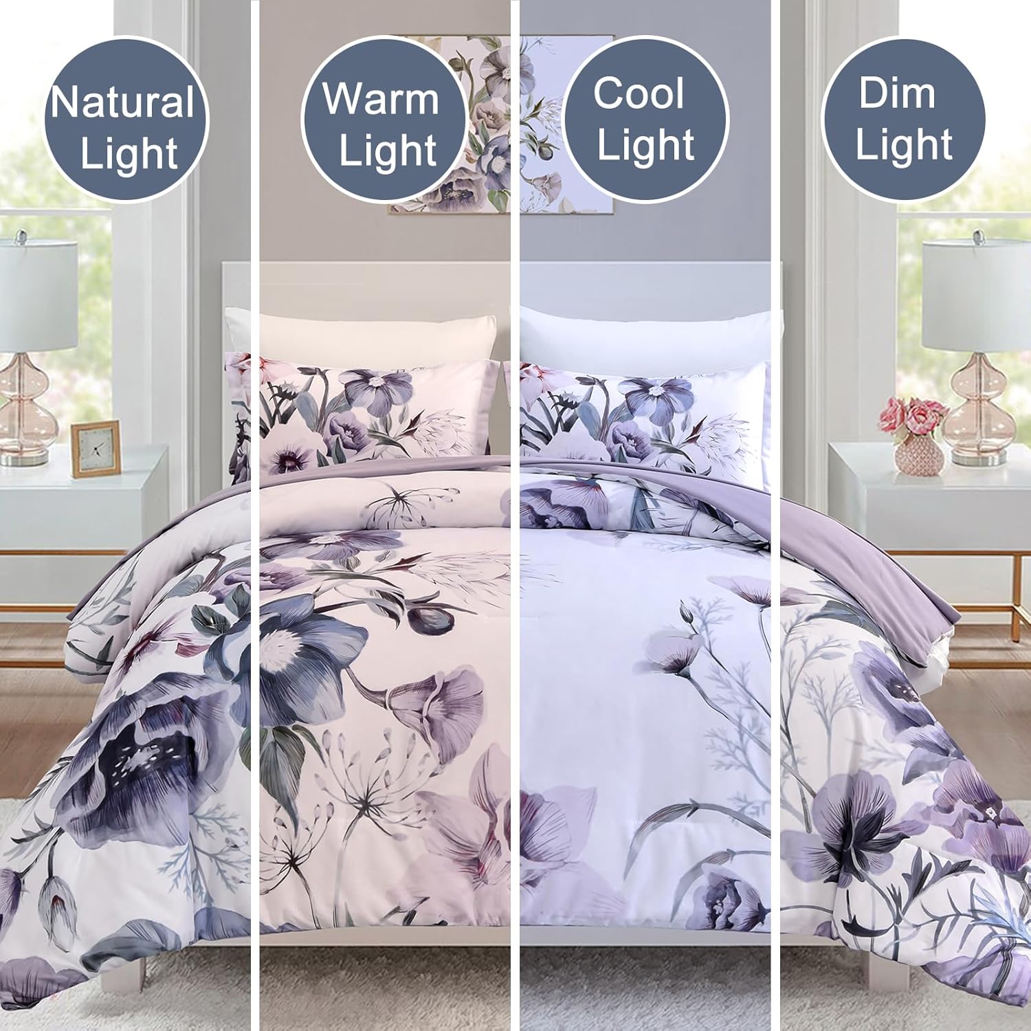 Floral Comforter Set, King Size, Purple Floral 3-Piece Bedding, Soft Microfiber for All Seasons V745-MAB010806AJ3