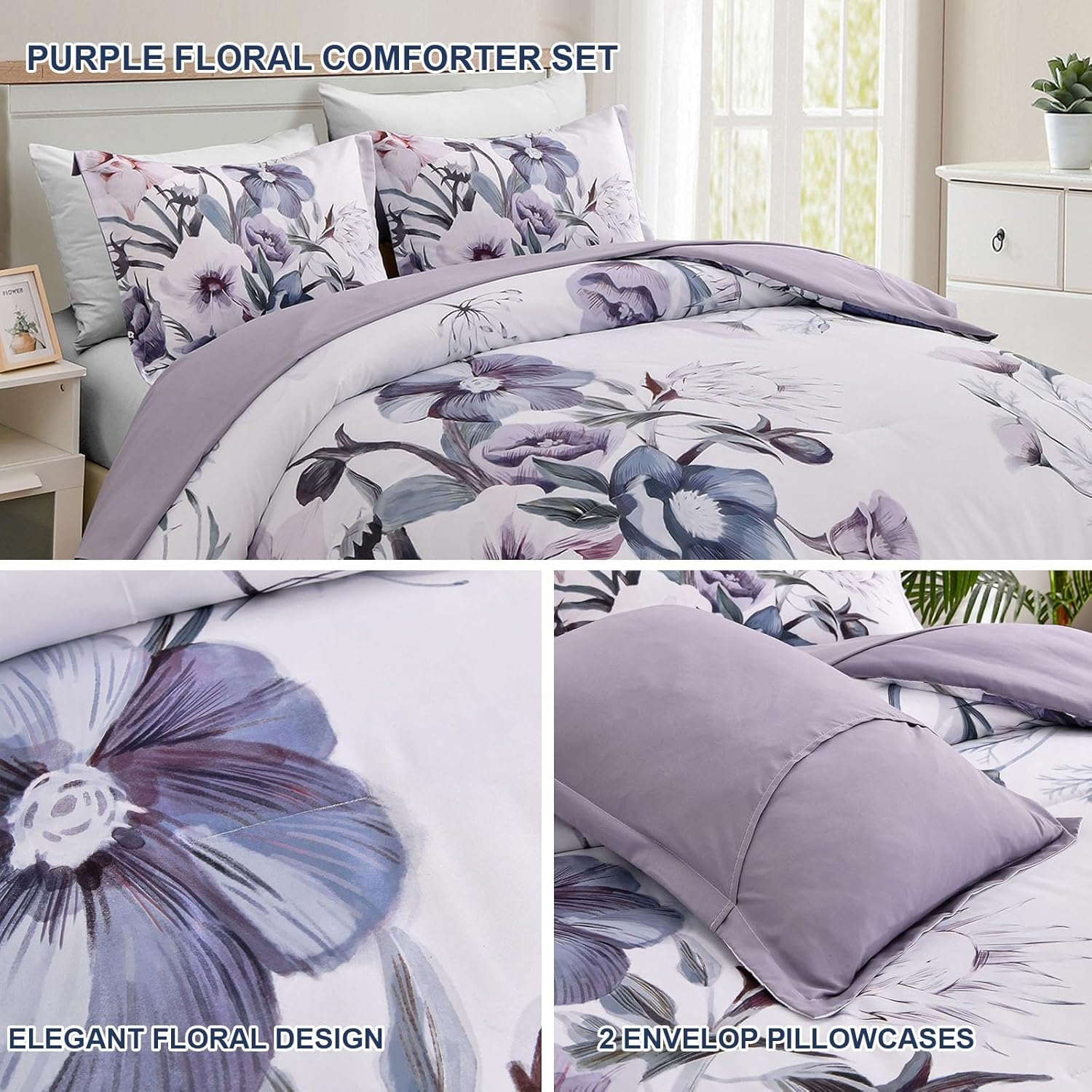 Floral Comforter Set, King Size, Purple Floral 3-Piece Bedding, Soft Microfiber for All Seasons V745-MAB010806AJ3
