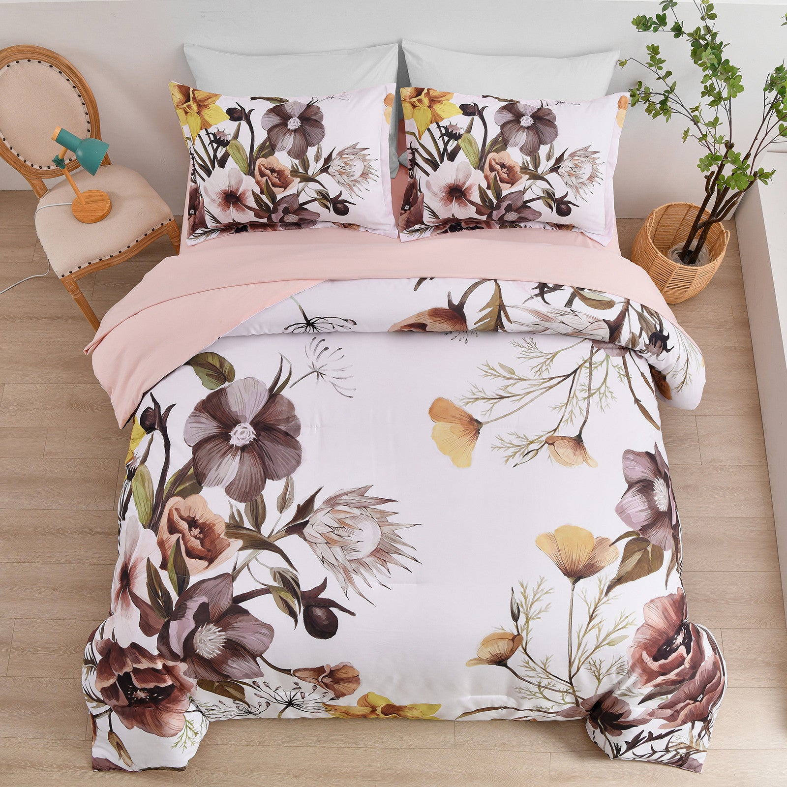 Floral Comforter Set, King Size, Blush Floral 3-Piece Bedding, Soft Microfiber for All Seasons V745-MAB010807AJ3