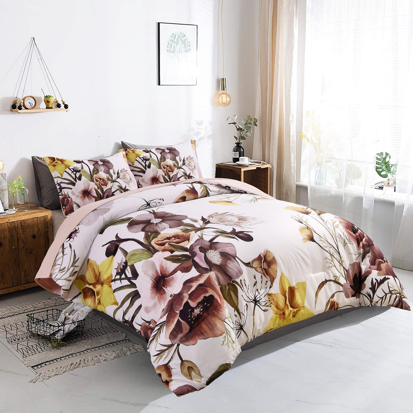 Floral Comforter Set, King Size, Blush Floral 3-Piece Bedding, Soft Microfiber for All Seasons V745-MAB010807AJ3