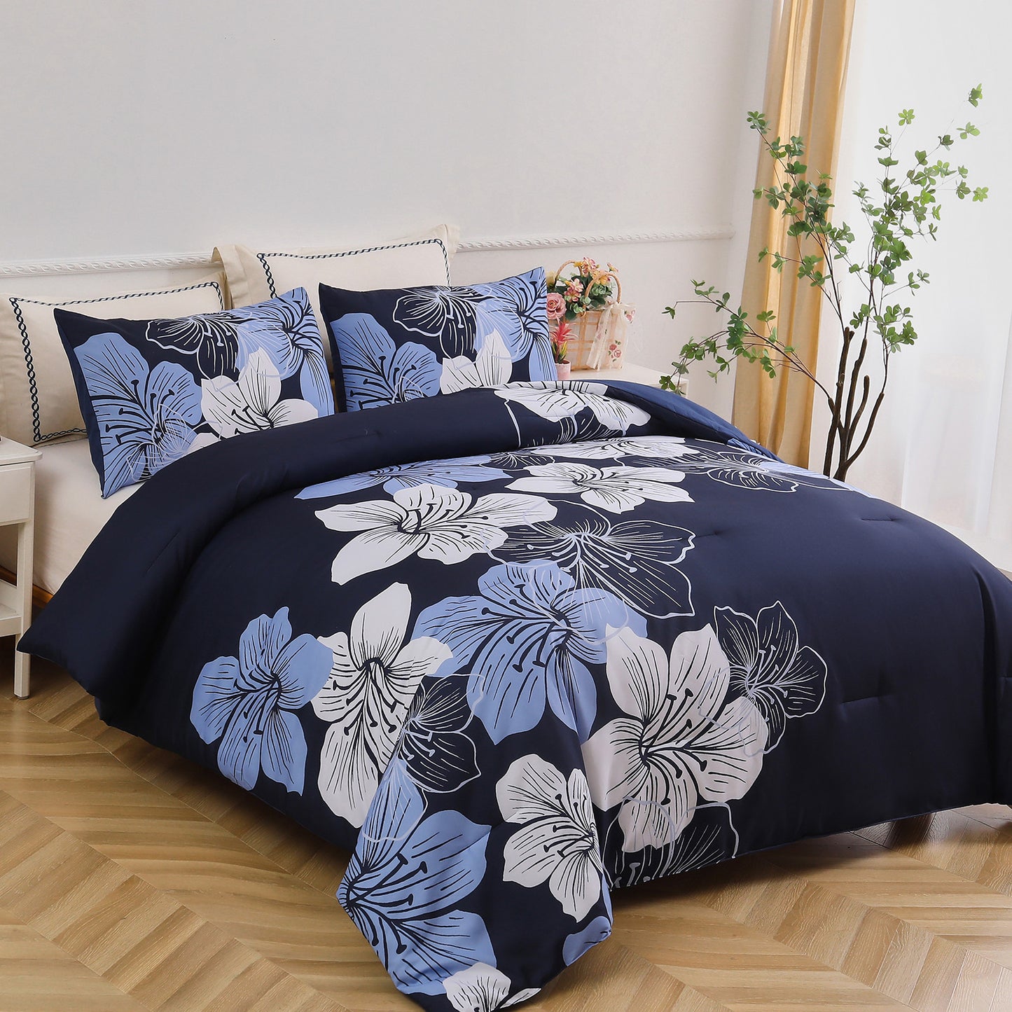 King Comforter Set, Navy Blue Floral 3-Piece Bedding, Soft Microfiber for All Seasons V745-MAB010860AJ3