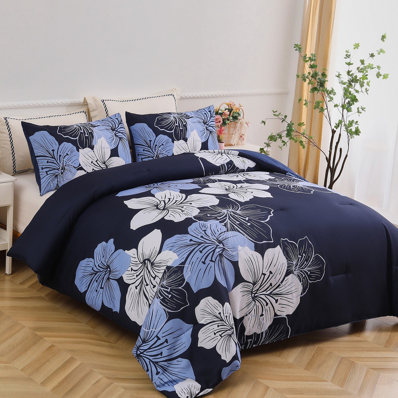 King Comforter Set, Navy Blue Floral 3-Piece Bedding, Soft Microfiber for All Seasons V745-MAB010860AJ3