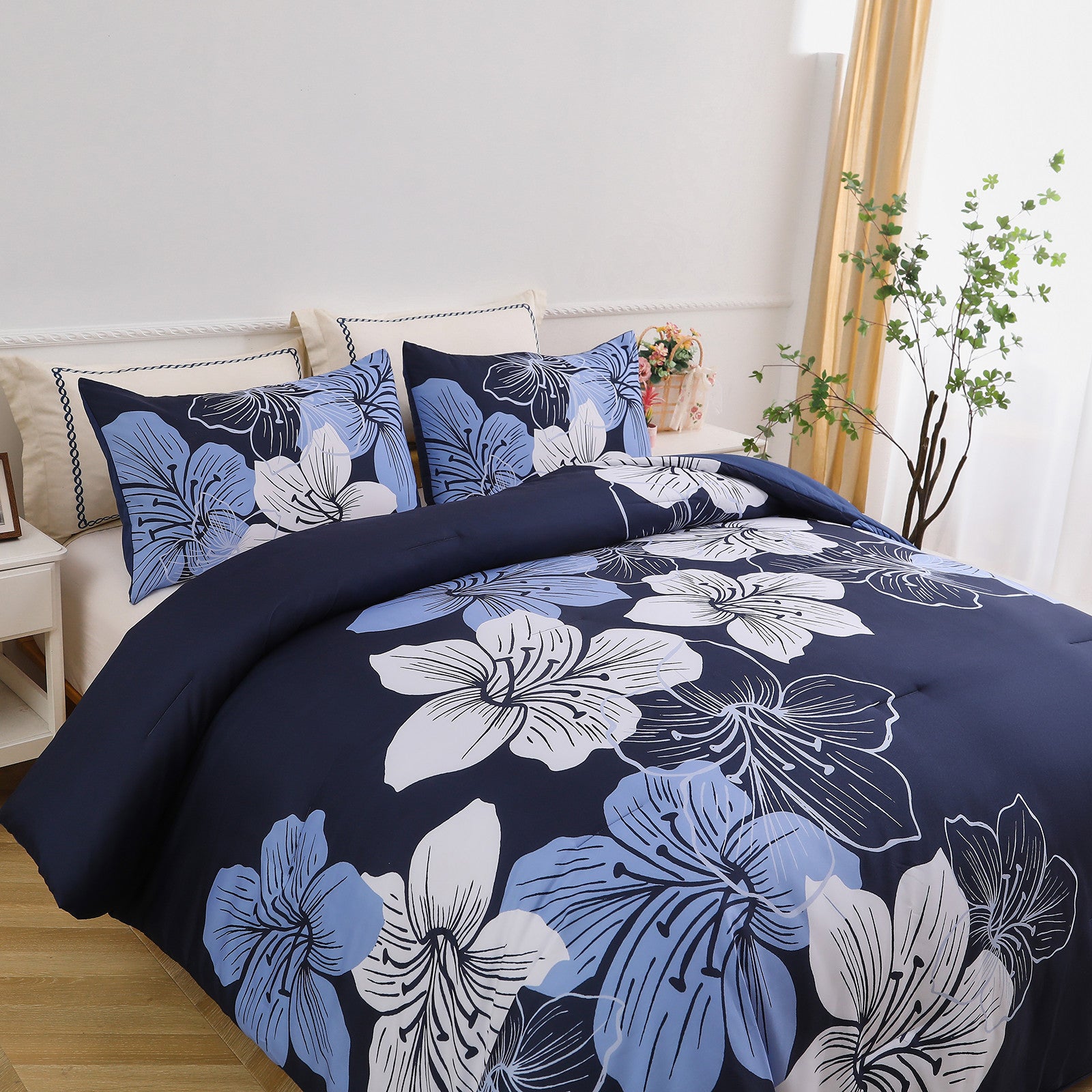 King Comforter Set, Navy Blue Floral 3-Piece Bedding, Soft Microfiber for All Seasons V745-MAB010860AJ3