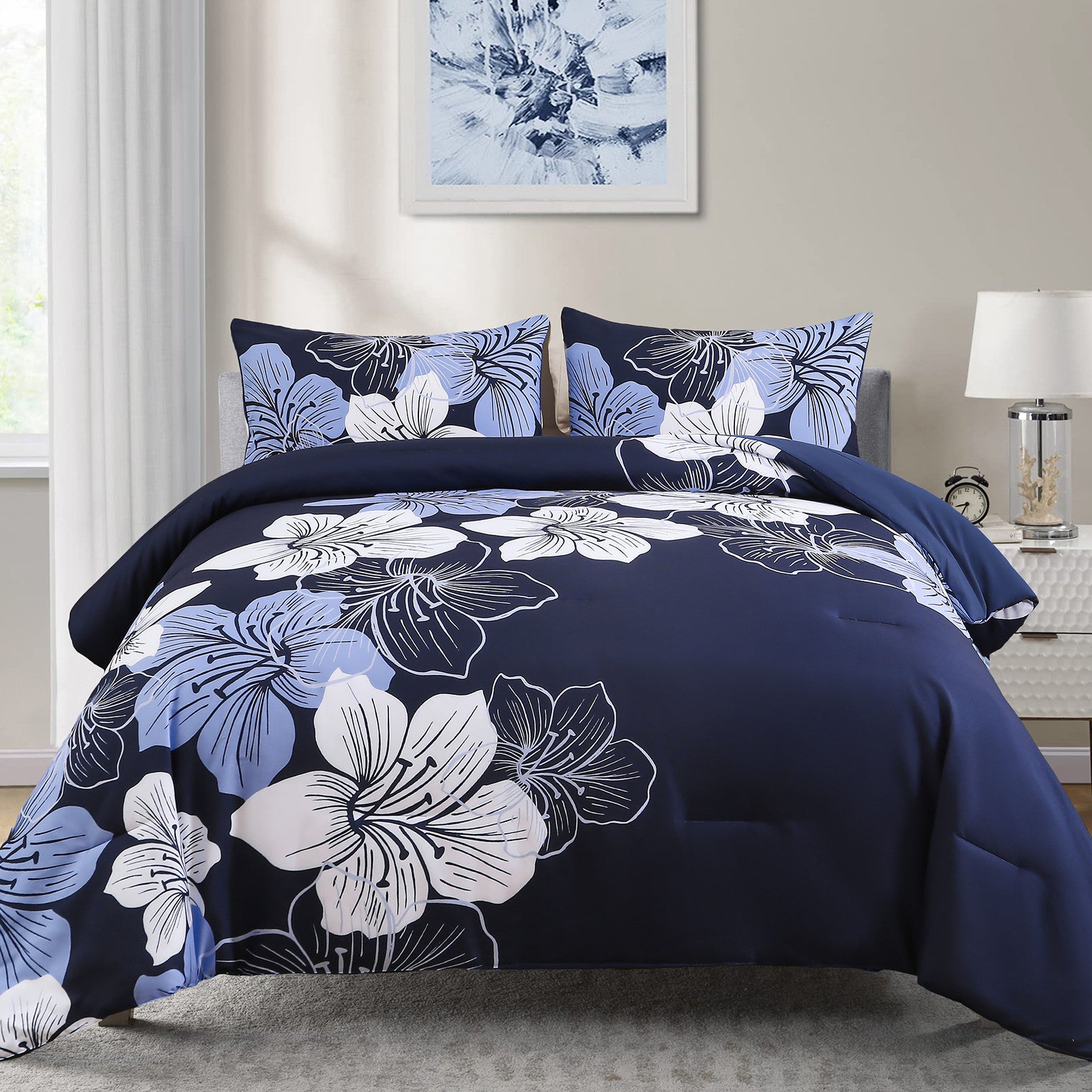 King Comforter Set, Navy Blue Floral 3-Piece Bedding, Soft Microfiber for All Seasons V745-MAB010860AJ3
