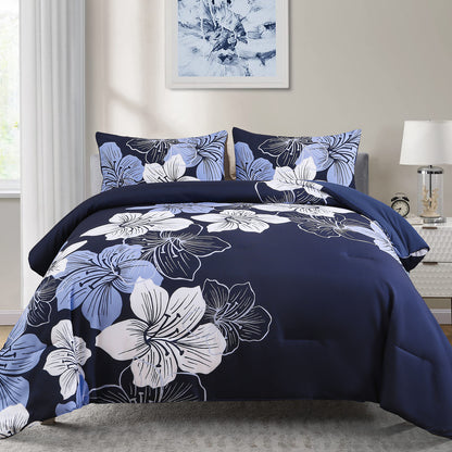 King Comforter Set, Navy Blue Floral 3-Piece Bedding, Soft Microfiber for All Seasons V745-MAB010860AJ3