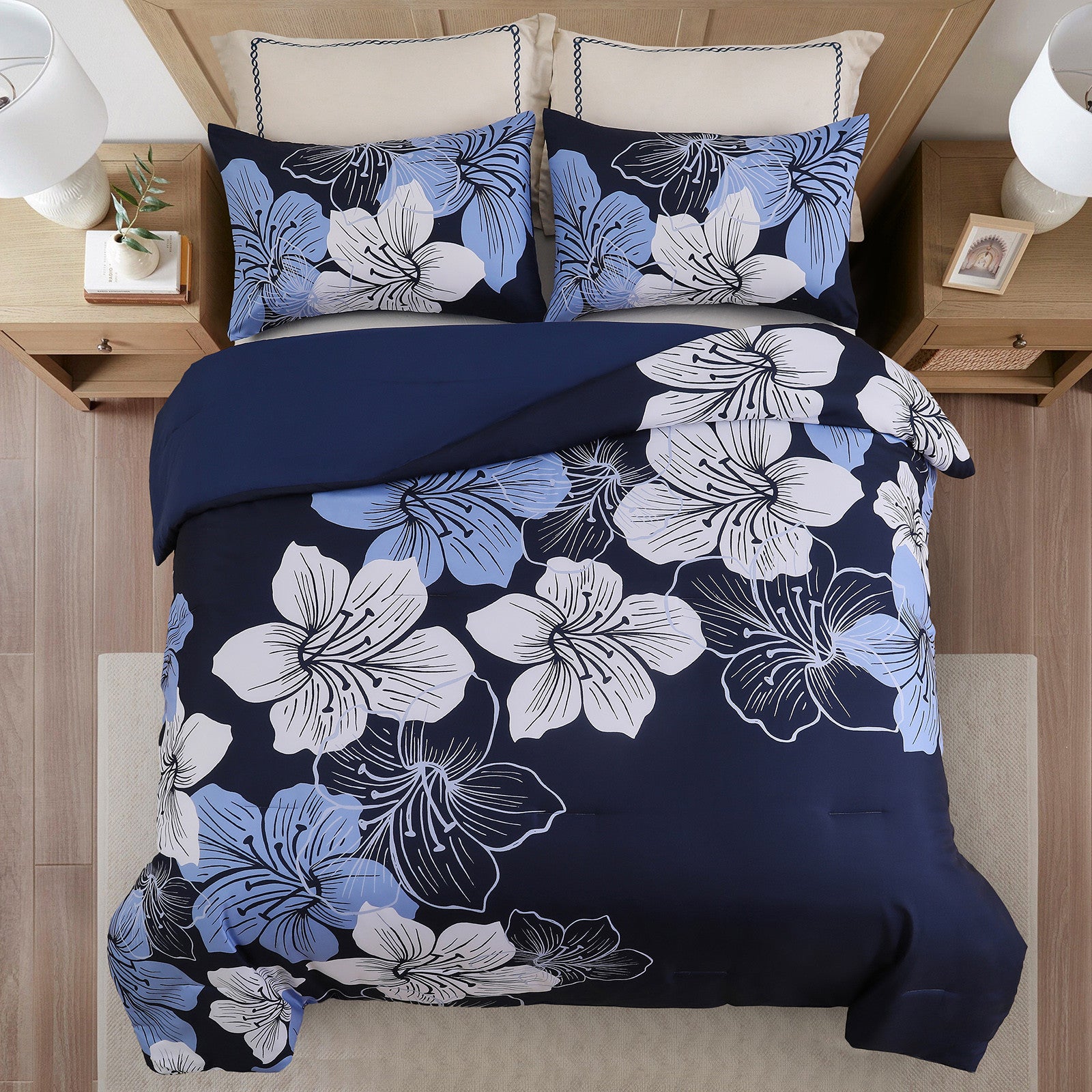 King Comforter Set, Navy Blue Floral 3-Piece Bedding, Soft Microfiber for All Seasons V745-MAB010860AJ3