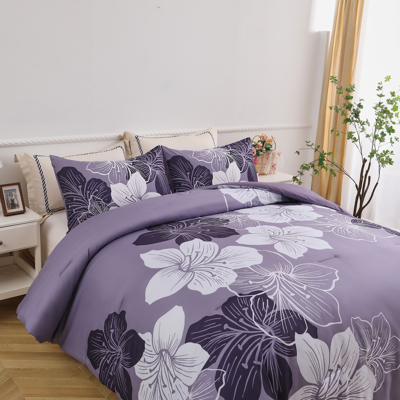 King Comforter Set, Dark Purple Floral 3-Piece Bedding, Soft Microfiber for All Seasons V745-MAB010862AJ3