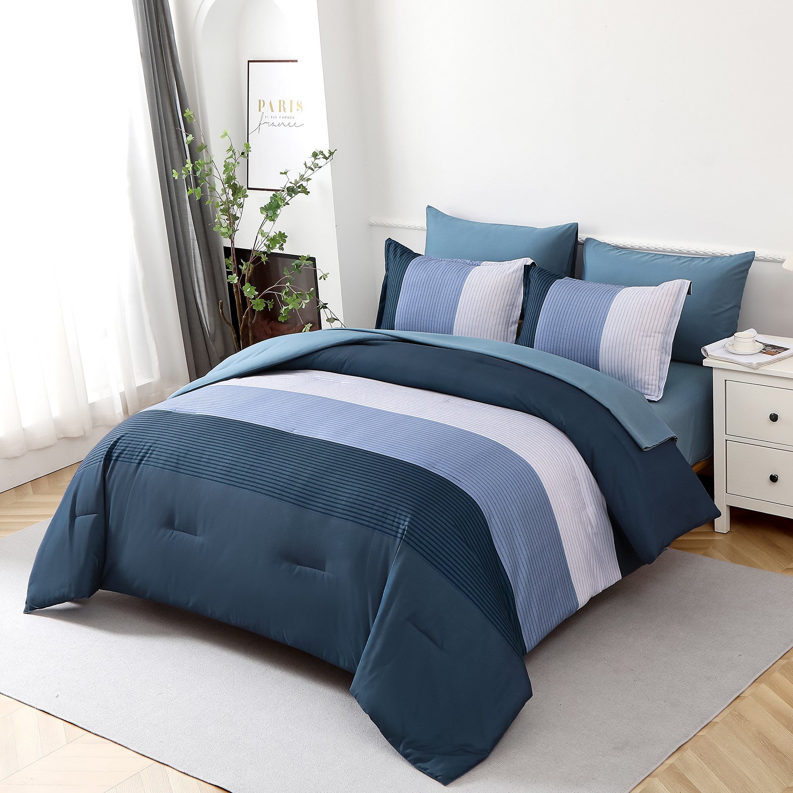 Navy Blue Comforter Set, King Size, Striped 3-Piece Bedding Collection V745-MAB010873AJ3