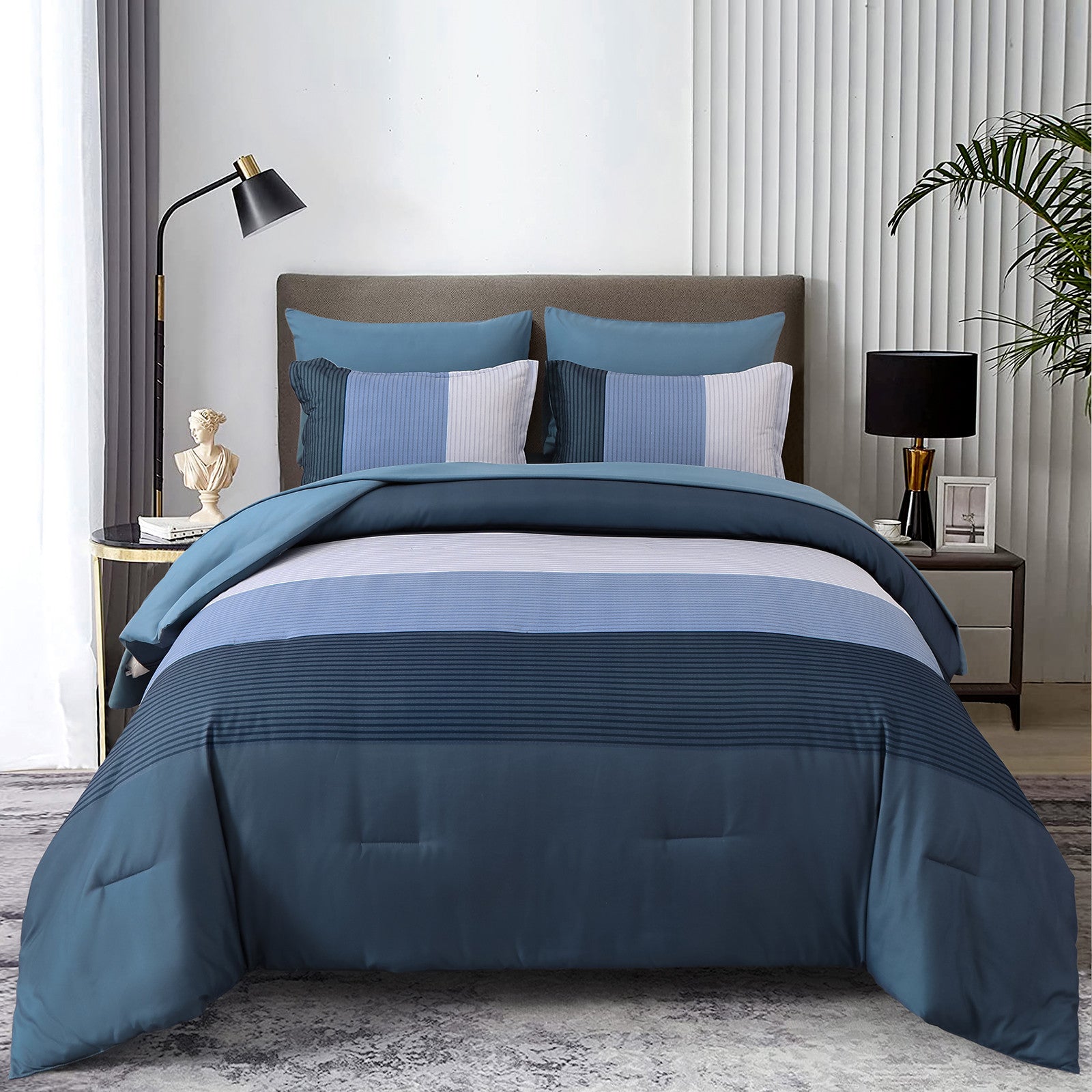 Navy Blue Comforter Set, King Size, Striped 3-Piece Bedding Collection V745-MAB010873AJ3