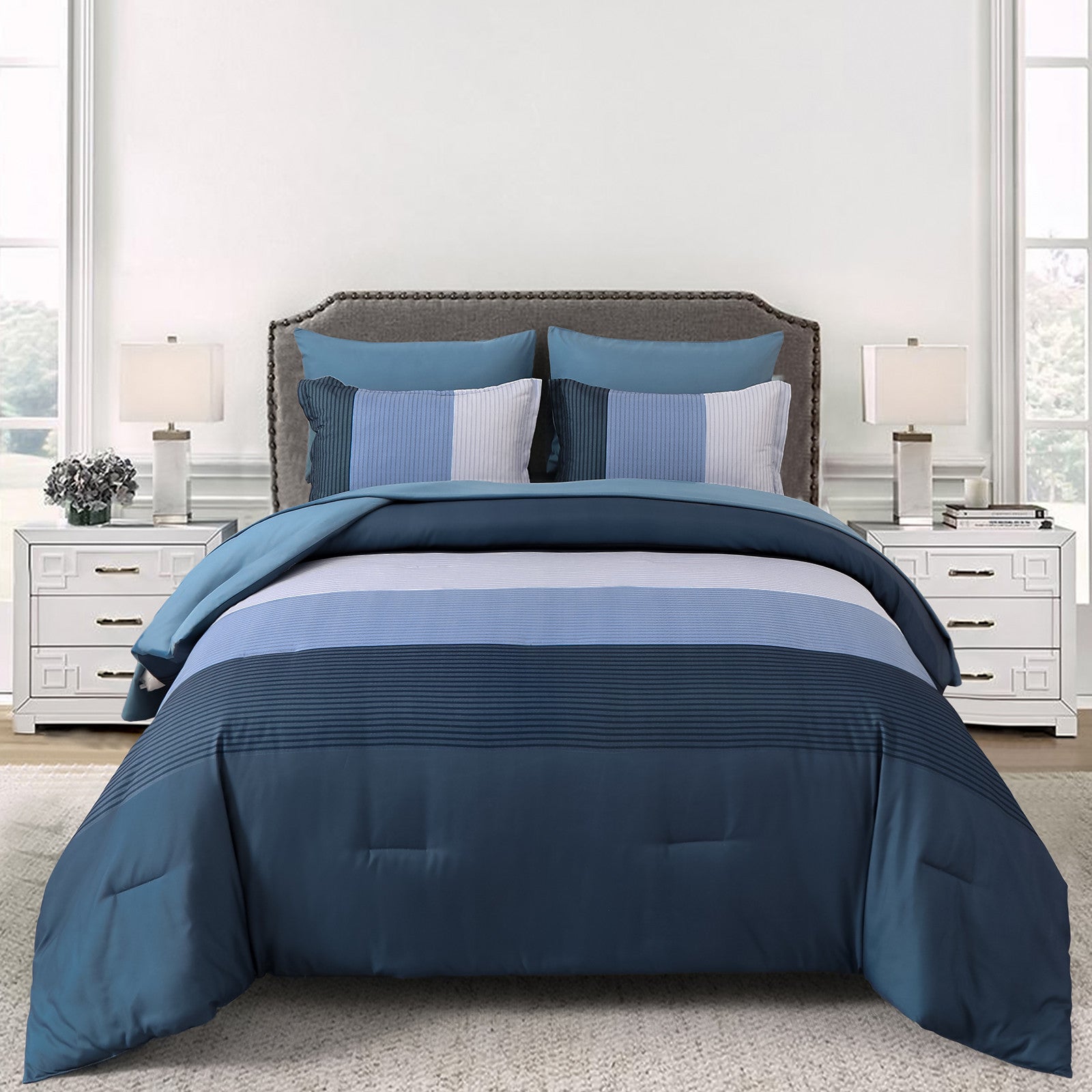 Navy Blue Comforter Set, King Size, Striped 3-Piece Bedding Collection V745-MAB010873AJ3
