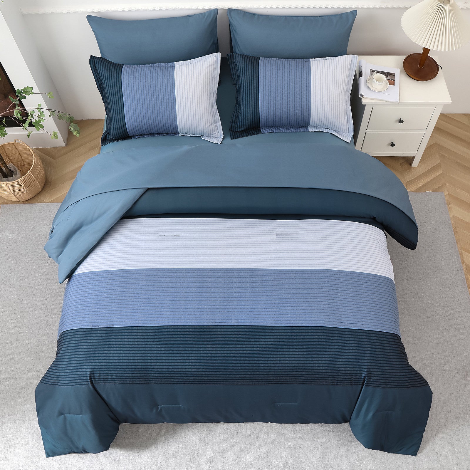 Navy Blue Comforter Set, King Size, Striped 3-Piece Bedding Collection V745-MAB010873AJ3