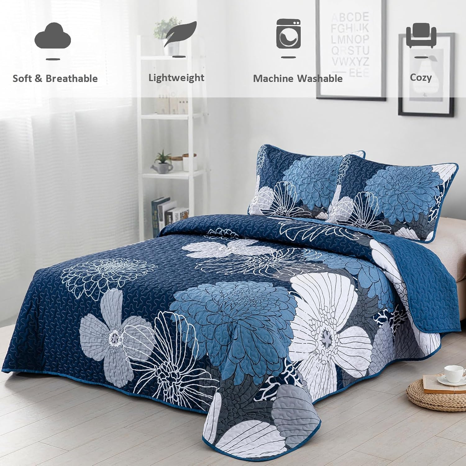 Frosted Magnolia Chic blue 3 Pc Comforter & Pillow Cover Set KING V745-MAB010887AJ3
