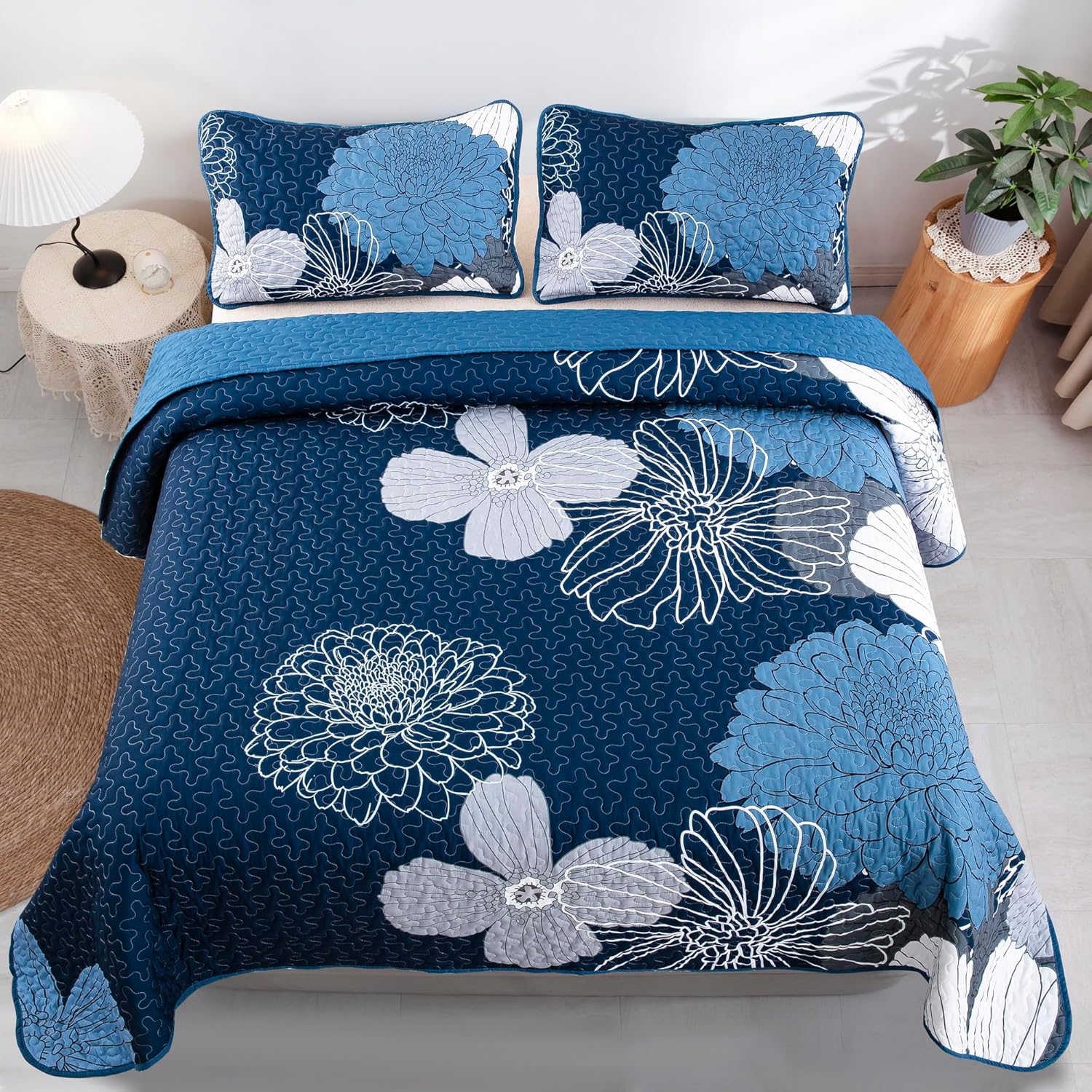 Frosted Magnolia Chic blue 3 Pc Comforter & Pillow Cover Set KING V745-MAB010887AJ3