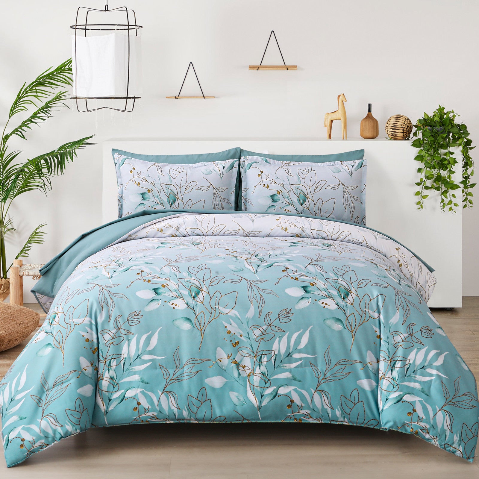 Soft Floral Leaf Comforter Set, King Size, Quilted Cozy Bedding with Pillowcases V745-MAB010938AJ3