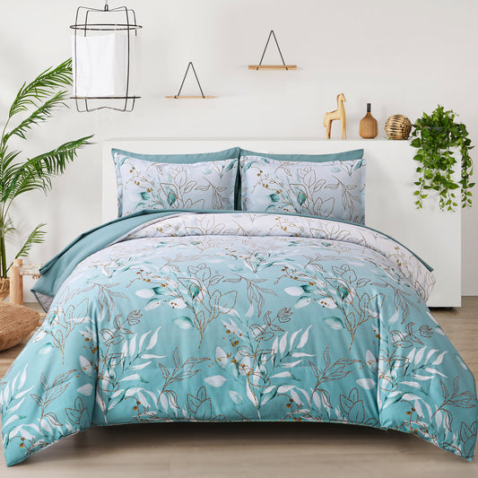 Soft Floral Leaf Comforter Set, King Size, Quilted Cozy Bedding with Pillowcases V745-MAB010938AJ3
