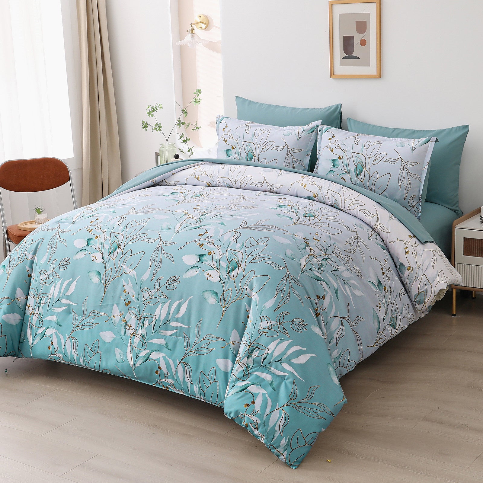 Soft Floral Leaf Comforter Set, King Size, Quilted Cozy Bedding with Pillowcases V745-MAB010938AJ3