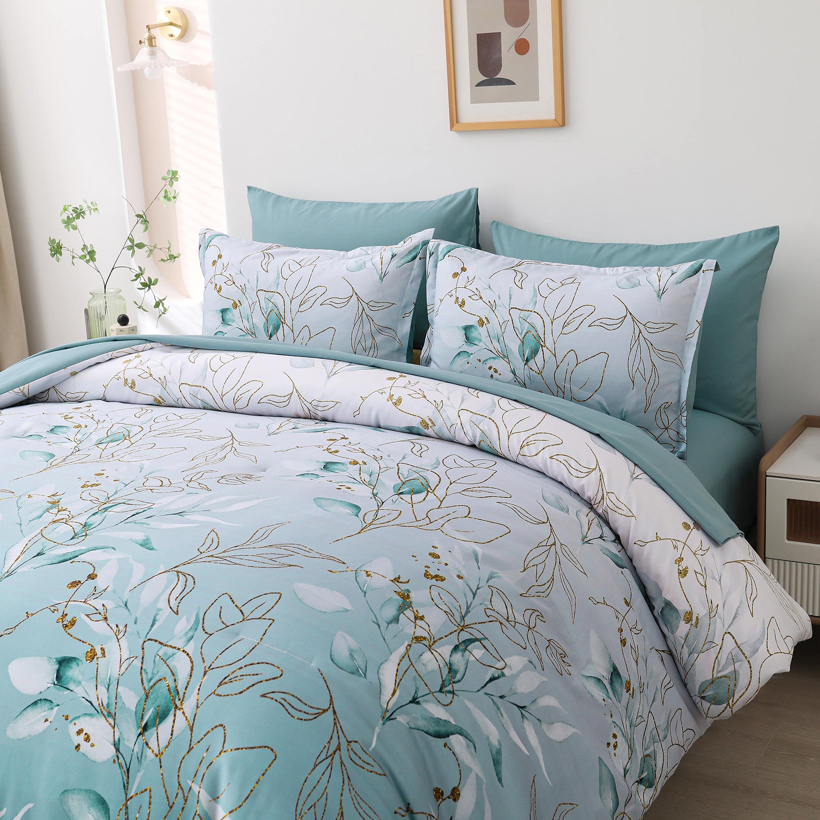 Soft Floral Leaf Comforter Set, King Size, Quilted Cozy Bedding with Pillowcases V745-MAB010938AJ3